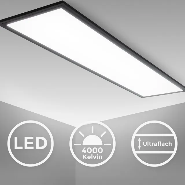 Briloner B.K.Licht - Plafondlamp - LED paneel zwart - 25x100 cm - ultraplat plafonnière bureau lamp - 4000K - 2.200Lm - 22W Zwart an/uit