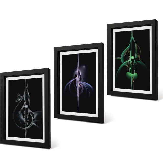 Coloray 4-Delige Schilderij Set - Abstracte patronen in zwart- en kleurtinten - 20 x 30 cm - Wanddecoratie - Schilderijen Set - Kantoor Zwarte lijst
