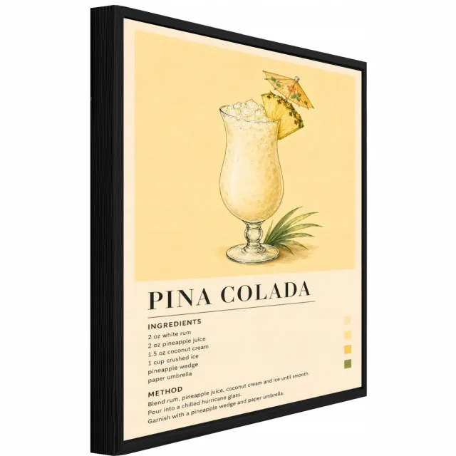 WALLARENA Schilderij op canvas met zwarte lijst - 120x80 cm - Pina Colada cocktailrecept in retrostijl - voor keuken en thuisbar Beige