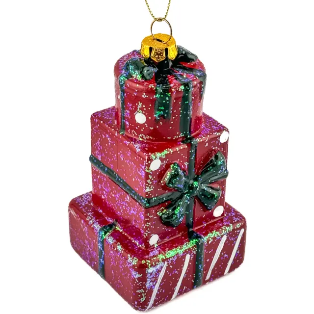 homebound by ky Kersthanger stapel cadeaus glitter | 6,1x6,1x10,7cm | kerst | kerstbal Rood
