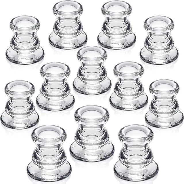 Famanu Set van 12 glazen kandelaars, heldere kaarsenstandaard voor staafkaarsen, ideaal voor feesten, bruiloften en huisdecoratie Zwart
