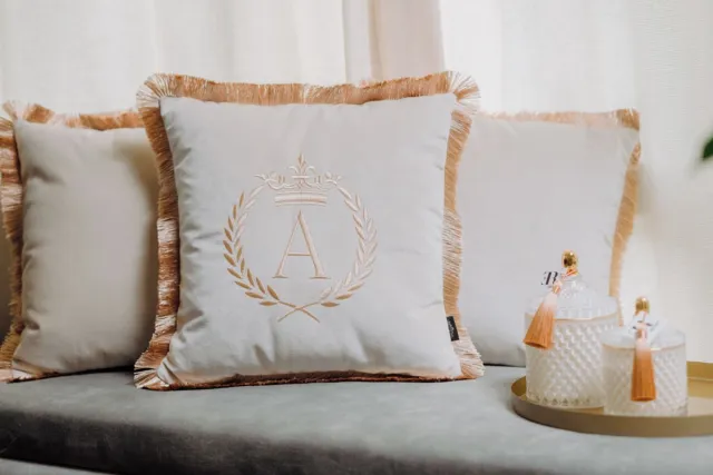 Sandra Mika Embroidered pillow / personalised pillow / monogram pillow / decorative cushion 40x 40 beige velvet letter A