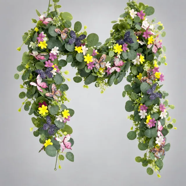 YYchan Kunstplant Eucalyptus Slinger met 3D Vlinders en Bloemen - Set van 2 Groen