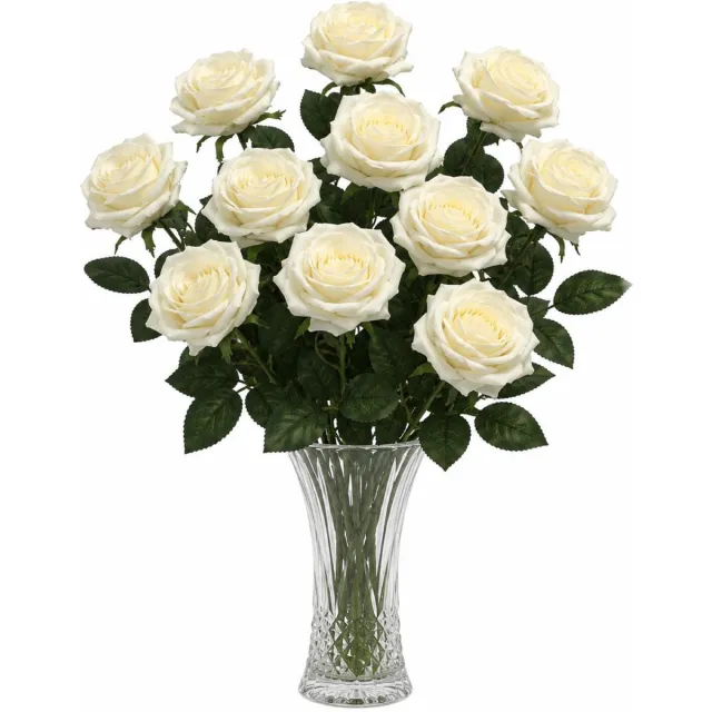 Bellatio Design Kunstbloem Roos Dijon - 12x - 64 cm - creme wit - zijde kunstbloemen - Boeket - stelen - rozen
