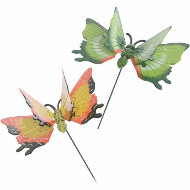 Decoris 2x tuin deco vlindesr op stok - groen/geel - metaal - 11 x 70 cm - dieren decoraties - bewegend Multi