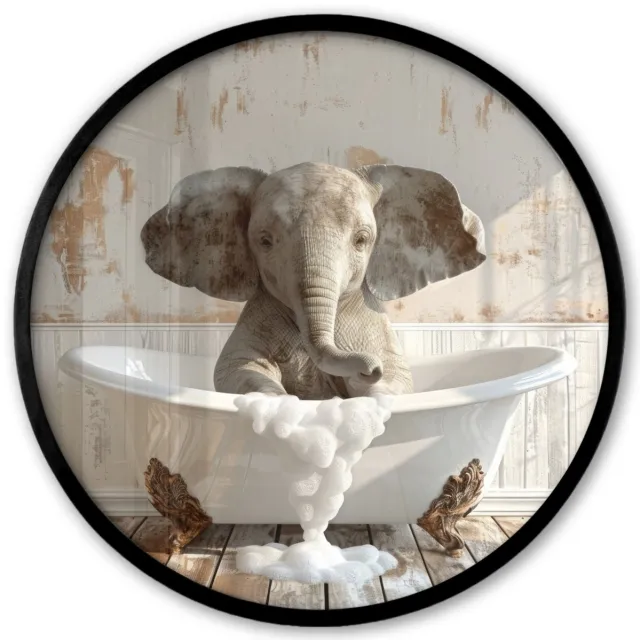 FrameYourWall Poster in lijst Rond - Fotolijst 40x40 cm - Posters - Vintage - Olifant - Badkuip - Schuim - Wilde dieren - Ronde posterlijst zwart - Decoratie - Wanddecoratie woonkamer - Muurdecoratie slaapkamer