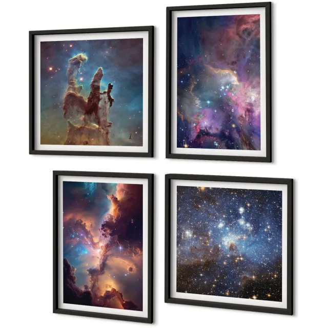 Coloray 4-Delige Schilderij Set - Ruimtelandschappen Met Sterren En Nevels - 40 x 40 cm En 40 x 60 cm - Muurdecoratie - Interieur Decoratie Zwarte lijst