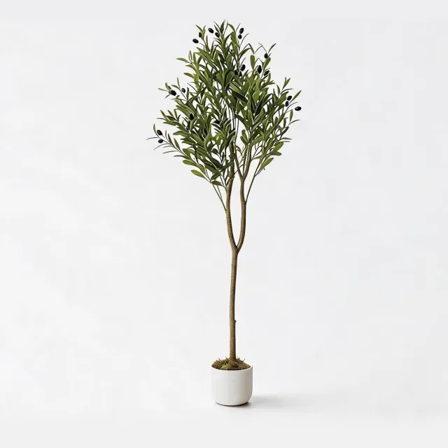 Danky Luxe Kunst‑Olijfboom - 130cm, premium polyester, 44 olijfvruchten met luxe verzwaarde witte pot Groen