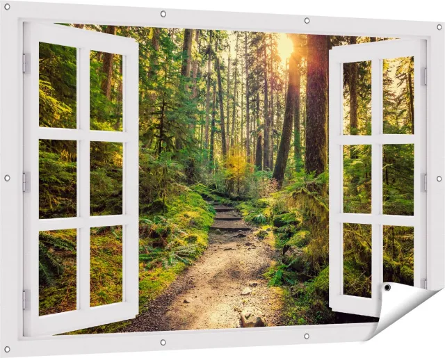 Gards Tuinposter Doorkijk Voetpad in het Bos - 150x100 cm - Tuindoek - Tuindecoratie - Wanddecoratie buiten - Tuinschilderij Wit