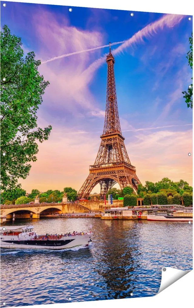 Gards Tuinposter Eiffeltoren in Parijs aan het Water - Kleur - 120x160 cm - Tuindoek - Tuindecoratie - Wanddecoratie buiten - Tuinschilderij Multikleur