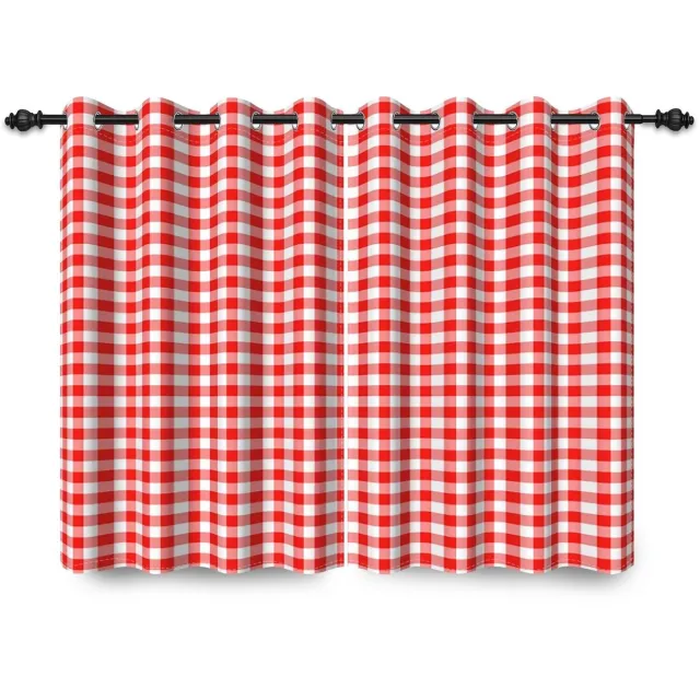 Famanu Plaid gordijn met ogen, 107 x 160 cm, Buffalo rood en wit, klassiek en vintage verduisteringsgordijn voor slaapkamer of woonkamer, 2 panelen