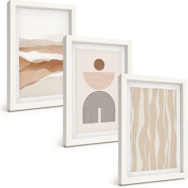 TULUP 3-Delige Schilderij Set - Abstracte landschapsvormen uit de natuur en geometrie - 20x30 - Muurdecoratie - Wanddecoratie - Hal - Decoratieve Schilderijen Witte lijst