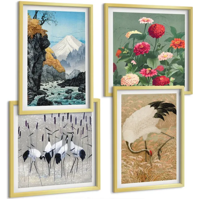 TULUP 4-Delige Schilderij Set - Bergen in het landschap, een rivier, bloemen en kraanvogels in het gras. - 40 x 40 cm en 40 x 60 cm - Wanddecoratie - Muurdecoratie - Woonkamer - Moderne Wanddecoratie Gouden lijst