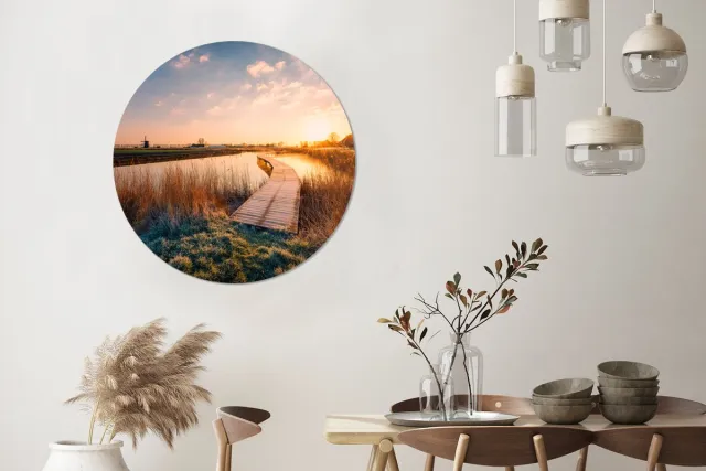 WallCircle Wandcirkel - Muurcirkel - Zonsondergang in de Nederlandse polder - Aluminium - Dibond - 90x90 cm - Binnen en Buiten Zonsondergang - Meer