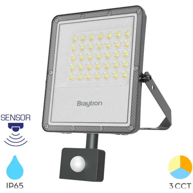 BRAYTRON LED Buitenlamp Schijnwerper Breedstraler Floodlight - Met Bewegingssensor , Met Dag en Nacht Sensor-Grijs-Waterdicht IP65- 50W -CCT 3IN1(3000/4000/6000))