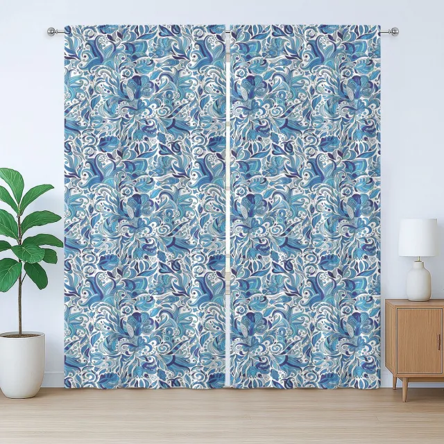 ABAKUHAUS Rustiek gordijn met bloemenmotief, Midden-Oosterse natuur, met lussen en haken voor de woonkamer, 280 x 245 cm, marineblauw en groen
