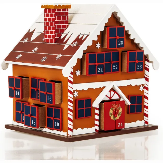 spielwerk Adventskalender Winterhuisje - 24 Deuren Hout 45x45x7 - Bruin