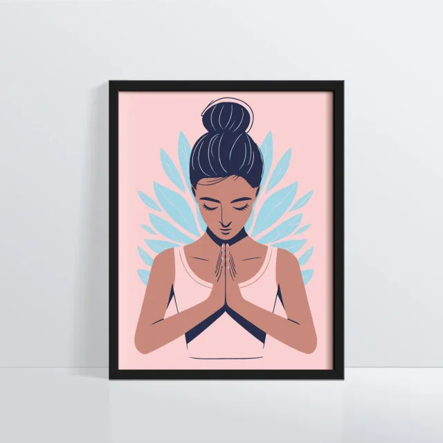 A Happy Face Yoga Poster Anjali Mudra houding Small 21x30 cm - Yoga decoratie, Wanddecoratie - Meditatie Muurkunst - Yoga poster - Perfect voor Yogastudio's en Meditatieruimte roze