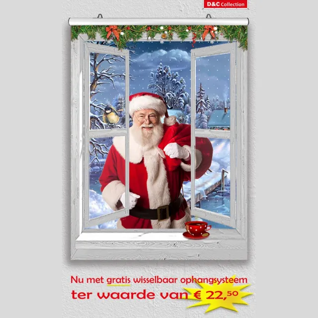 D&C Collection poster - kerst poster - 60x80 cm - doorkijk - wit venster Santa Claus winterlandschap - winter poster - kerst decoratie