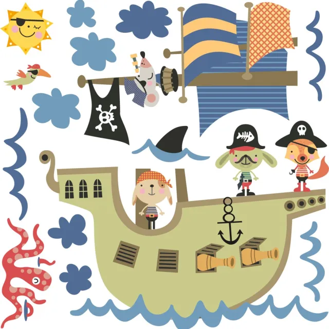 Ambiance Sticker Muurstickers - Piraten en zeedieren - Transparante achtergrond - 30x30 cm Multi color