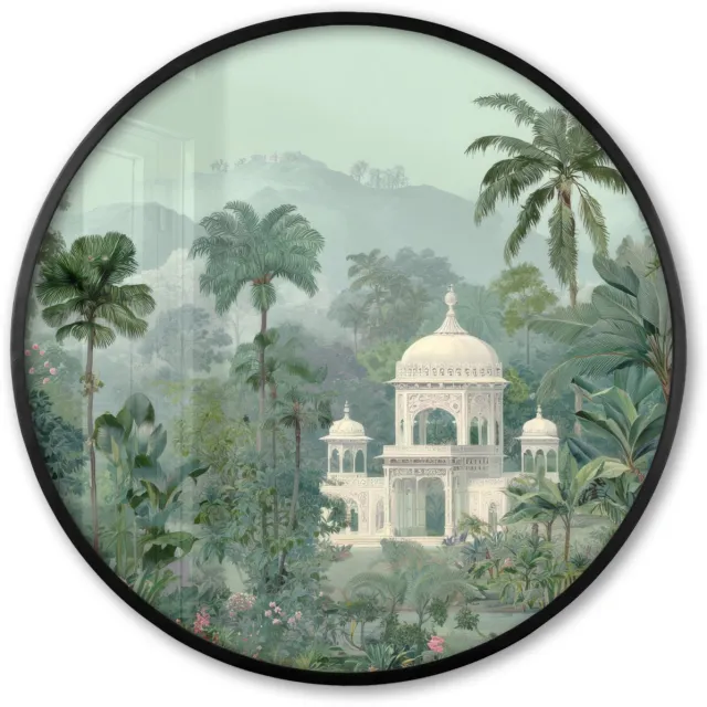 FrameYourWall Poster in lijst Rond - Fotolijst 60x60 cm - Posters - Tropische tuin - Koepelgebouw - Bloemen - Ronde posterlijst zwart - Decoratie - Wanddecoratie woonkamer - Muurdecoratie slaapkamer Tropisch - Tuin - Koepelgebouw