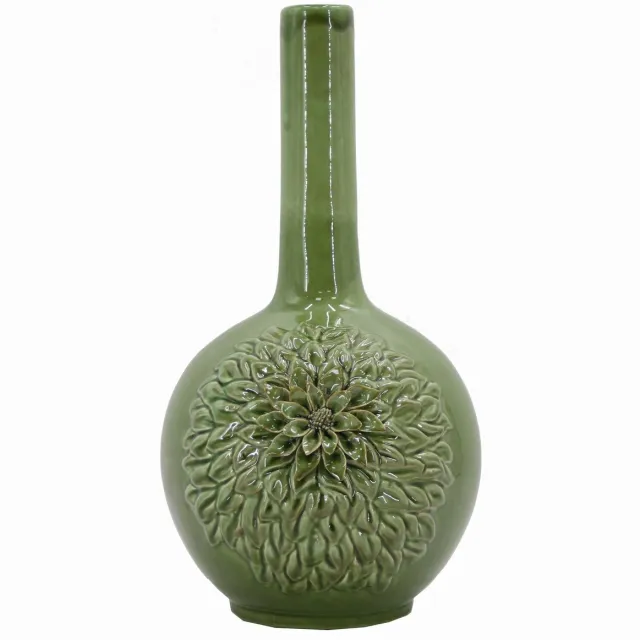 Vazenatelier Mooie groene bolvaas vmet lange hals en bloem reliëf