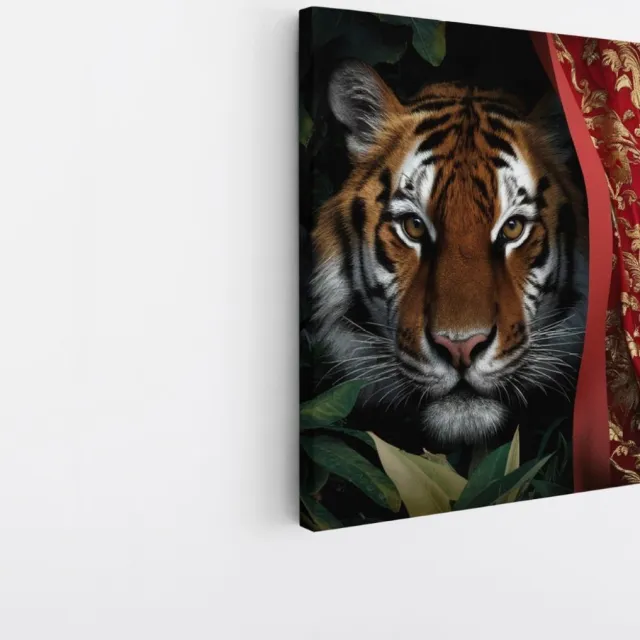 Saammp Canvas Schilderij - Tijger met rood doek - Natuur - Dieren - 20x20 - Foto op canvas - Wanddecoratie - muurdecoratie Woonkamer - Slaapkamer decoratie - Canvas Print Multicolor