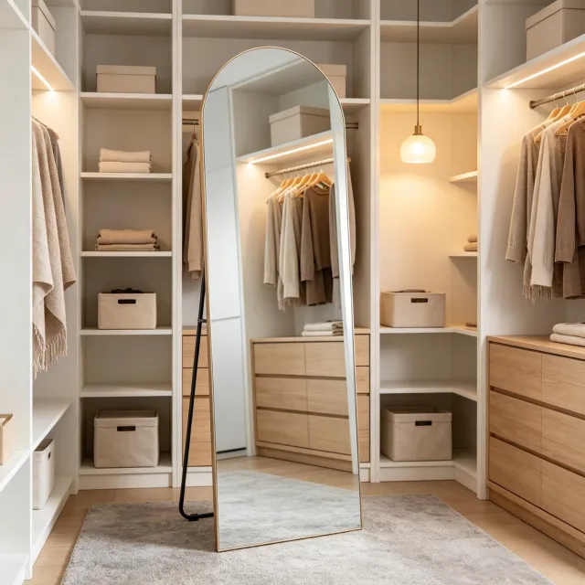 MIVRAY Passpiegel – Volledig Zicht – 50 x 3,6 x 150 cm – Glas en MDF – Goud – Staand of aan de Muur – Boogvormig Ontwerp