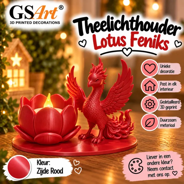GSArt Theelichthouder Lotus Feniks – Inclusief LED Theelichtje – 3D Geprint - Zijde Rood