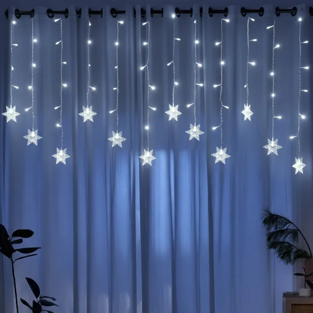 MUPOO Sneeuwvlok Lichtgordijn, LED Lichtsnoer op Batterij met Timer en 8 Lichtstanden, IP44 Waterdicht - Kerstverlichting, Laag Voltage - Fairy Lights met Haak voor Raam, Tuin en Feestdecoratie-Wit licht