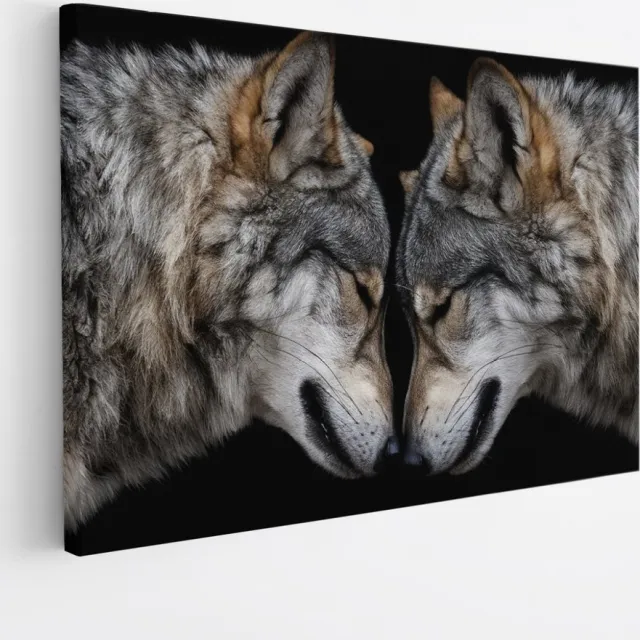 Saammp Canvas Schilderij - 2 Wolfen - Dieren - Natuur - 100x75 - Foto op canvas - Wanddecoratie - muurdecoratie Woonkamer - Slaapkamer decoratie - Canvas Print Multicolor