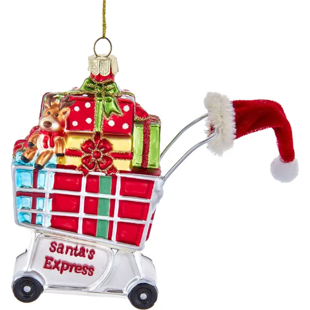 Kurt S. Adler Kerstornament - Winkelkarretje Vol Kerstcadeautjes - glas - rood wit - 14cm