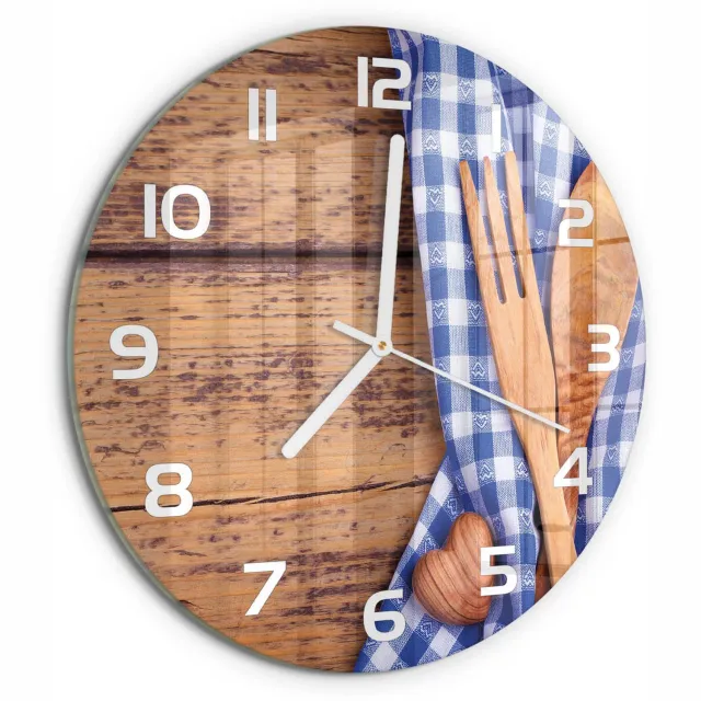 TULUP Wandklok - Houten bestek Glazen Wandklok Design - fi30 cm - Blauw Klok Glas Met Opdruk - Witte handen - Ronde Klok - Wandklok Glas Met Motief - Decoratieve Glazen Klok
