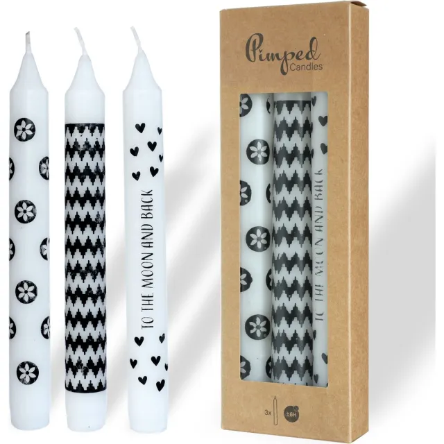 comforder 3 Kaarsen met Printje - Set van 4 Dinerkaarsen 20cm wit met zwart