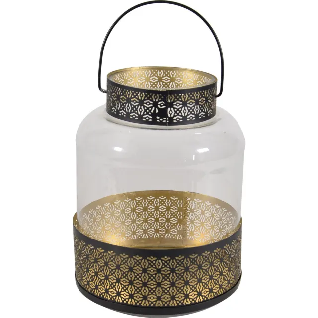 Lesliliving Lantaarn/windlicht zwart/goud Marokkaanse stijl 20 x 28 cm metaal en glas - Gebruik buiten/tuin/woonkamer - Thema Oosters/Arabisch