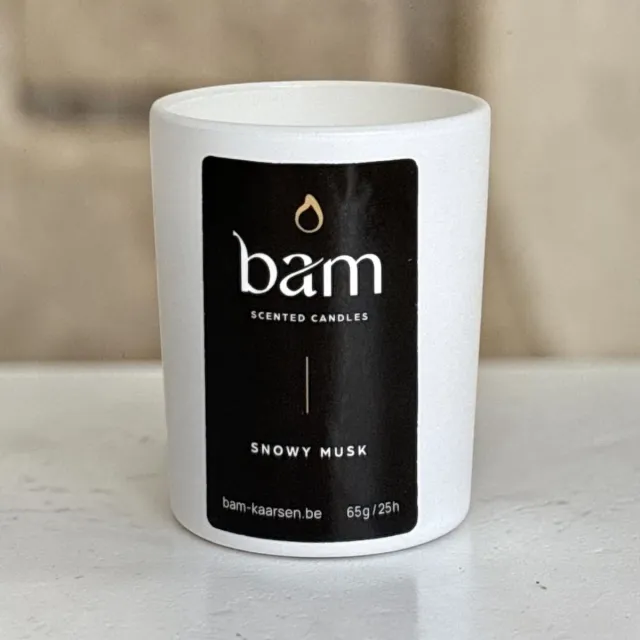Bam Snowy Musk Mini Geurkaars – white Collection Small – 25 Branduren – 65 g – Zonnebloemwas – Vegan wit