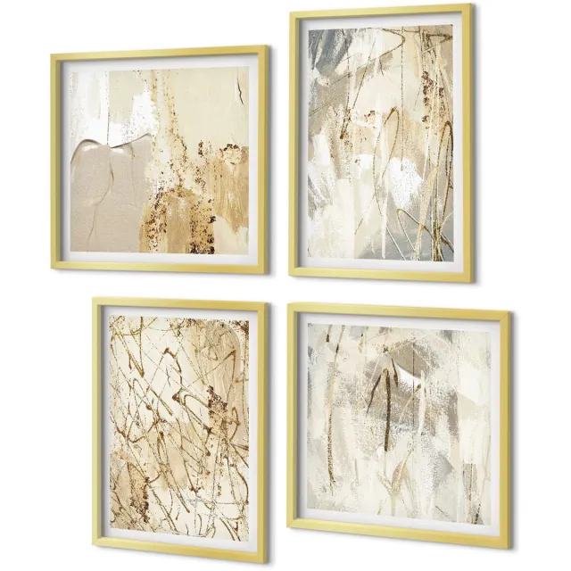 Coloray 4-Delige Schilderij Set - Beige abstracte geschilderde vormen en lijnen - 40 x 40 cm en 40 x 60 cm - Wanddecoratie - Muurdecoratie - Woonkamer - Stijlvolle Muurdecoratie Gouden lijst