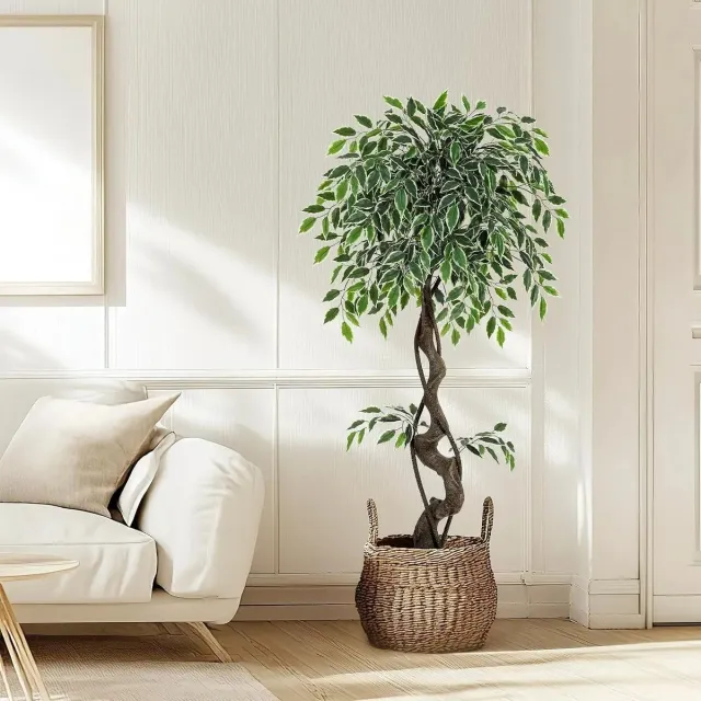 Archi Kunstplant Ficusboom – Nepplant - Kunstboom - Decoratie - 120 cm – Gebogen Boomstam – Met Witte Pot – Kunstplanten voor Binnen Groen
