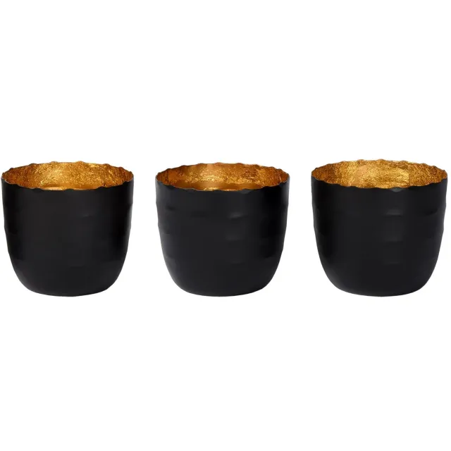 Atmooz Theelichthouder Arras (set van 3) - Voor 3 aparte kaarsen - Kaarshouder - Hoogte 7cm - Metaal zwart - goud binnenin