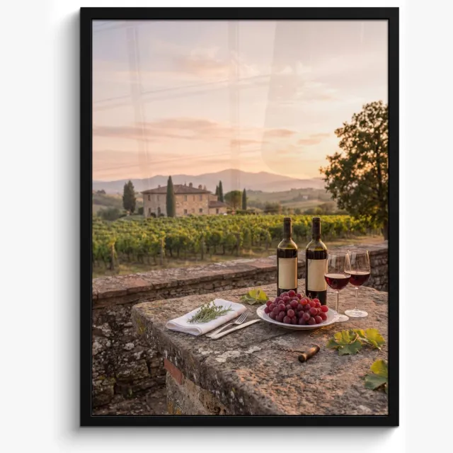 FrameYourWall Poster in lijst - Fotolijst 60x80 cm - Posters - Wijn - Glazen - Druiven - Wijngaard - Posterlijst zwart - Decoratie - Wanddecoratie woonkamer - Muurdecoratie slaapkamer