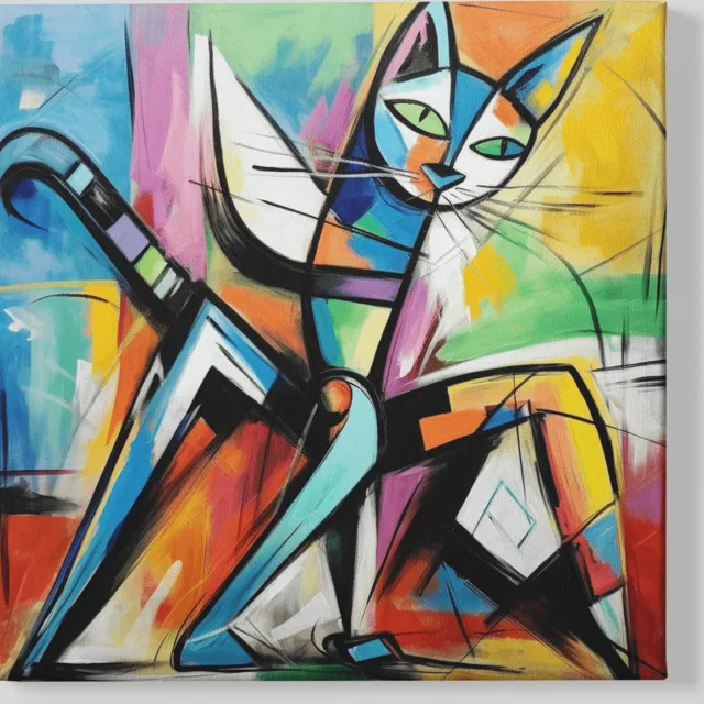 Trendex Global Vierkant Canvas Schilderij - Abstracte Dieren - Kat - 40x40x2 cm Kleurrijk