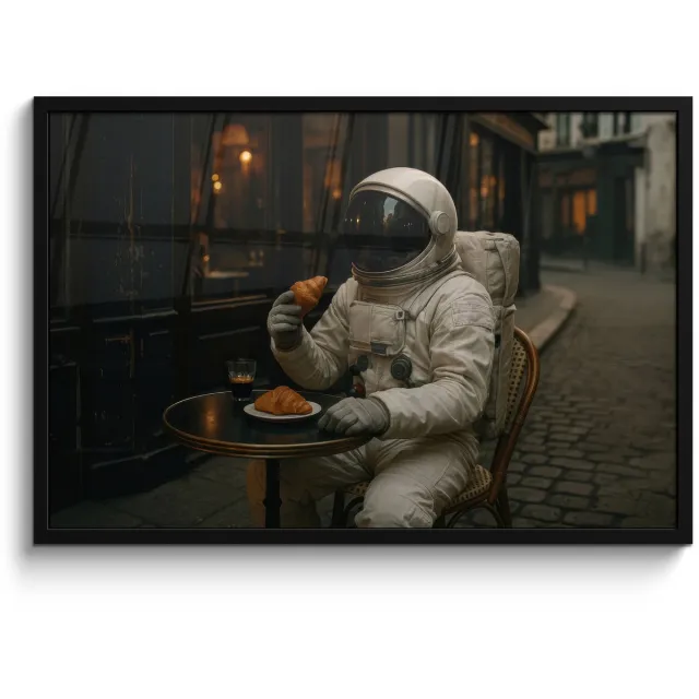 FrameYourWall Poster in lijst - Fotolijst 90x60 cm - Posters - Café - Croissant - Koffie - Astronaut - Posterlijst zwart - Decoratie - Wanddecoratie woonkamer - Muurdecoratie slaapkamer