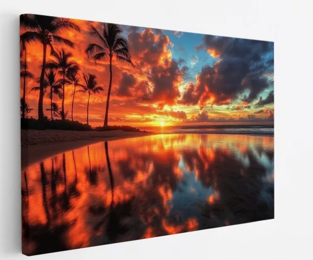 Saammp Canvas Schilderij - Tropisch strand - Zee met zonsondergang - Palmbomen - 45x30 - Foto op canvas - Wanddecoratie - muurdecoratie Woonkamer - Slaapkamer decoratie - Canvas Print Multicolor