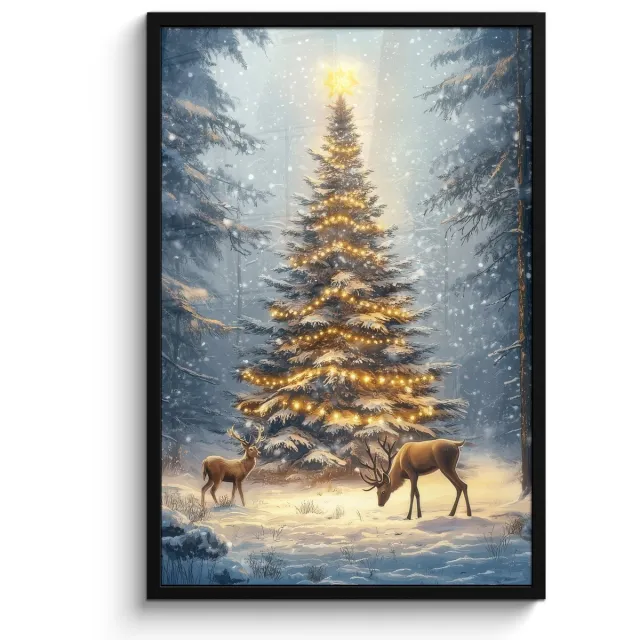 FrameYourWall Poster in lijst - Fotolijst 60x90 cm - Posters - Kerstlicht - Woud - Hert - Donker - Posterlijst zwart - Decoratie - Wanddecoratie woonkamer - Muurdecoratie slaapkamer - Kerstversiering - Kerstdecoratie voor binnen - Kerstmis