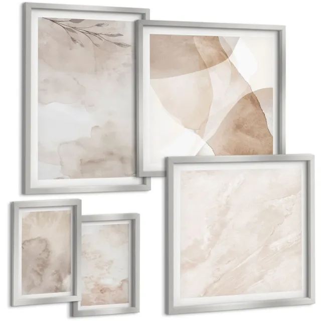 Coloray 5-Delige Schilderij Set - Geometrische Abstracte Elegante Compositie - 20 x 30 cm - Muurdecoratie - Interieur Decoratie - Woonkamer Decoratie Zilveren lijst