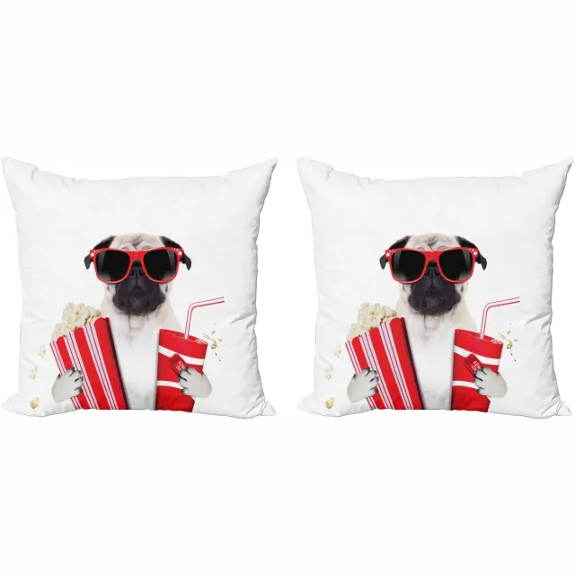 ABAKUHAUS Sierkussenhoes met mopshondje, set van 2, Hond in de bioscoop, 50x50 cm, Crème, Rood, Zwart