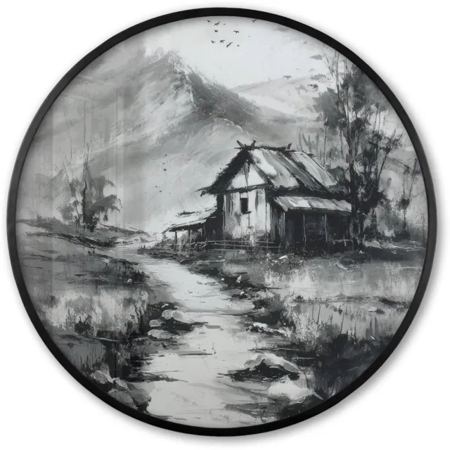FrameYourWall Poster in lijst Rond - Fotolijst 80x80 cm - Posters - Hut - Grijs - Bergen - Mistig - Ronde posterlijst zwart - Decoratie - Wanddecoratie woonkamer - Muurdecoratie slaapkamer Hut - Bergen - Mistig