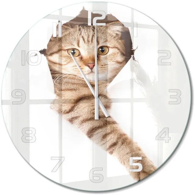 TULUP Wandklok - Kat Gekleurde Glazen Klok - fi60 cm - Beige Glazen Klok Met Print - Witte handen - Ronde Klok - Moderne Wandklok Glas - Wandklok Glas Decoratie