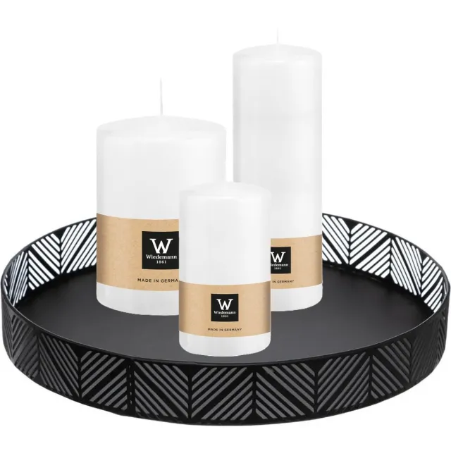 Wiedemann Cilinderkaarsen - stompkaarsen set - op zwart dienblad van metaal - 3x stuks - wit - 6 x 12 - 10x15 - 7x20 cm