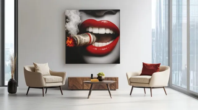 Trendex Global Vierkant Canvas Schilderij - Rode lippen - Brandend Geld - Wanddecoratie - 100x100 cm Grijs